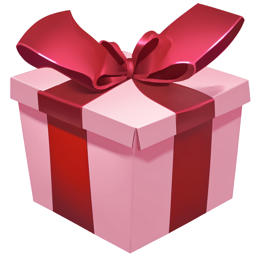 A high quality rendering of a pink gift box wrapped in a red ribbon bow